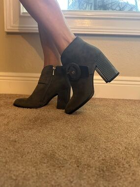 Ankle Booties Gray Suede Buckle Block Heel Boots Size 6